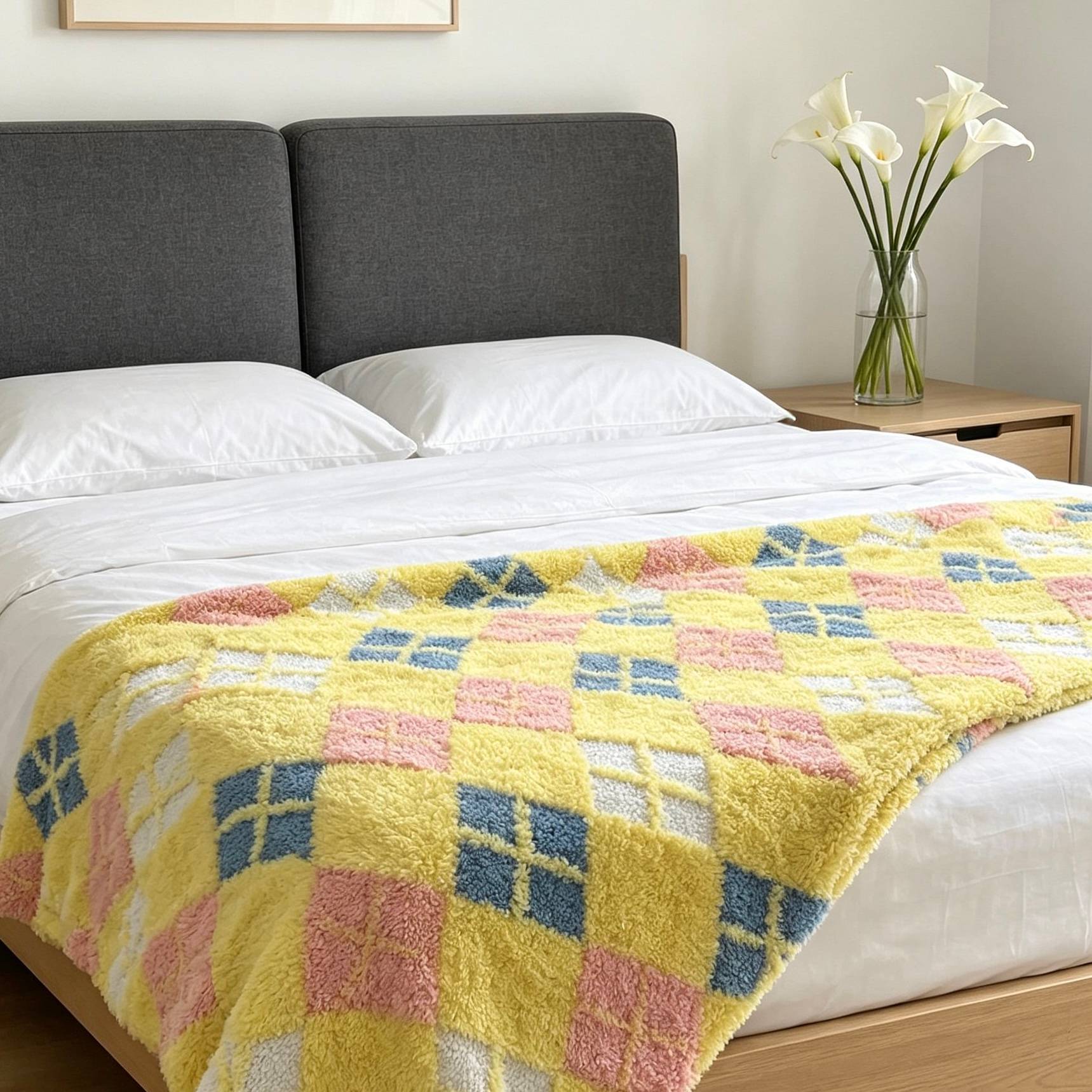 Color Block Diamond Grid Sherpa Blanket, Ultra Soft Cozy Plush Bed Blanket for All Seasons